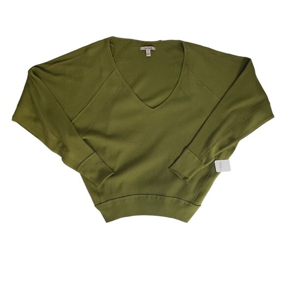 Free People Waffle Knit V-Neck Top Slouchy Oversized Beachy Boho Green NWT - Picture 7 of 10